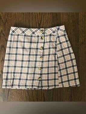 Divided Beige and Black Plaid Button-Front Mini Skirt